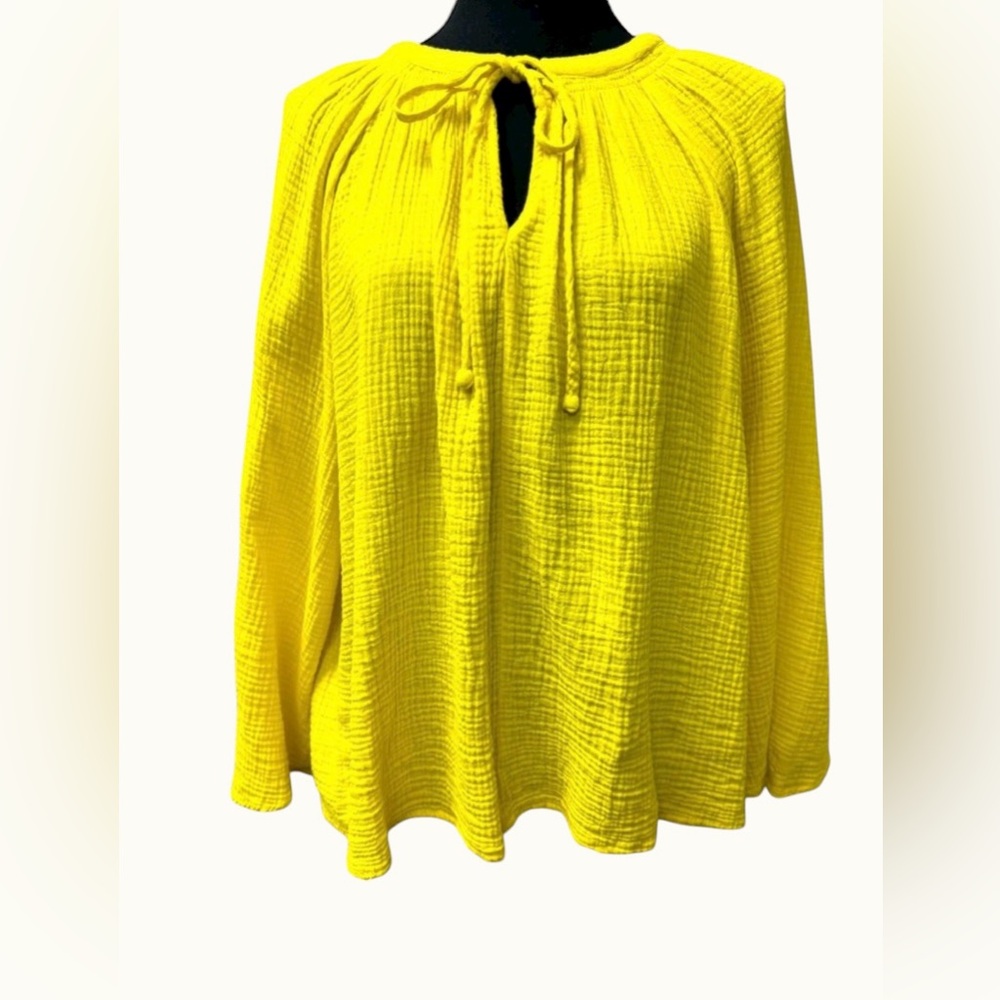 Scoop NYC Vibrant Yellow Boho Style Peasant Top Cotton Gauze Tie-Neck Size L